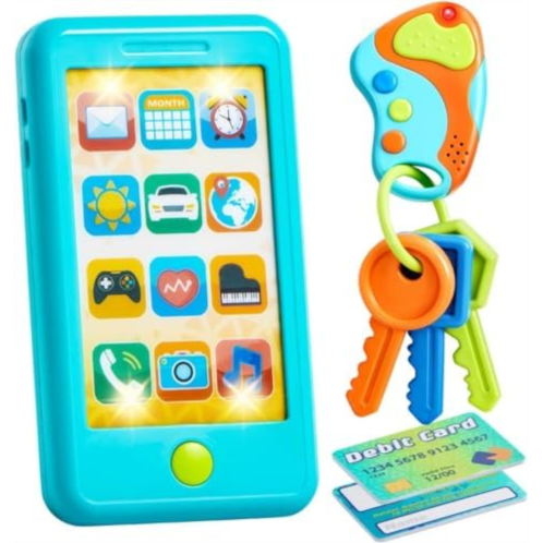 JOYIN Pretend Toddler Play Phone, Learning Toy Phone Set,Keyfob Key Toy and Credit Cards Set, Kids Cellphone Toys, Girls Boys Birthday Gifts for 1 2 3 Year Old,Baby Blue, Kids Presents T