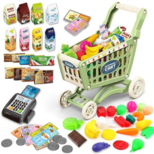 deAO Kids Shopping Cart Trolley for Groceries Toddlers 65 Food Fruit Vegetables Pretend Play Food Role Play Educational Toy Play Kitchen Toys Store Playset (Green)