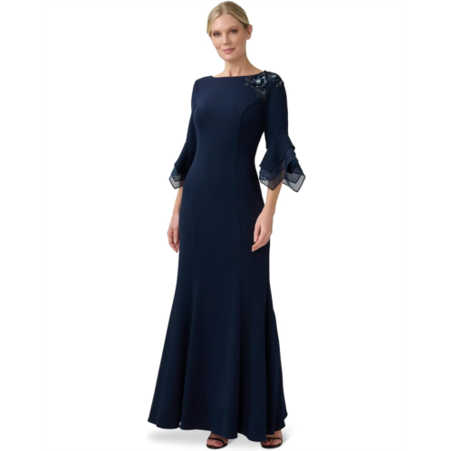Adrianna Papell Stretch Knit Crepe Gown with Ribbon Beaded Shoulder Detail & Organza Bell Sleeve