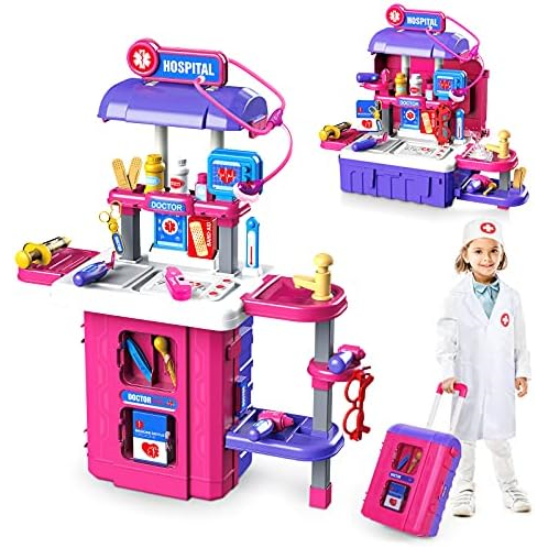 IBaseToy Toy Doctor Kit for Girls: Pretend Play Kids Doctor Set with Electronic Stethoscope Dress Up Doctor Costume Carrying Storage Case - Role Play Toys Medical Kit for Toddler Boys Girls