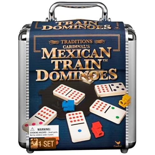 Spin Master Mexican Train Dominoes Set Tile Board Game in Aluminum Carry Case Games with Colorful Trains for Family Game Night, for Adults and Kids Ages 8 and Up
