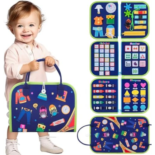 CUKU Busy Board Montessori Toy - Toddler Busy Board for 1 2 3 4 Year Old,Montessori Toys Busy Book Fine Basic Dress Motor Skills - Travel Toys for Travel Car Airplane, Ideal Gift f