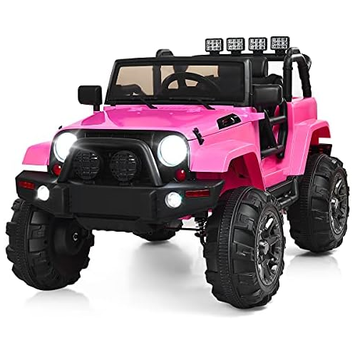 Costzon Ride On Car, 12V Battery Powered Electric Ride On Truck w/Parental Remote Control, LED Lights, Double Open Doors, Safety Belt, Music, MP3, Spring Suspension (Pink)