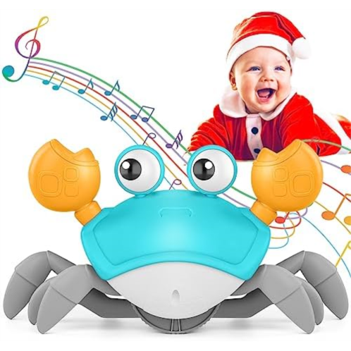 KIZJORYA Crawling Crab Baby Toy, Tummy Time Gifts for Toddler & Newborn, Light-Up Walking Dancing Moving Crab with Music & Obstacle Avoidance, Infant Rechargeable Sensory Development Toy (G