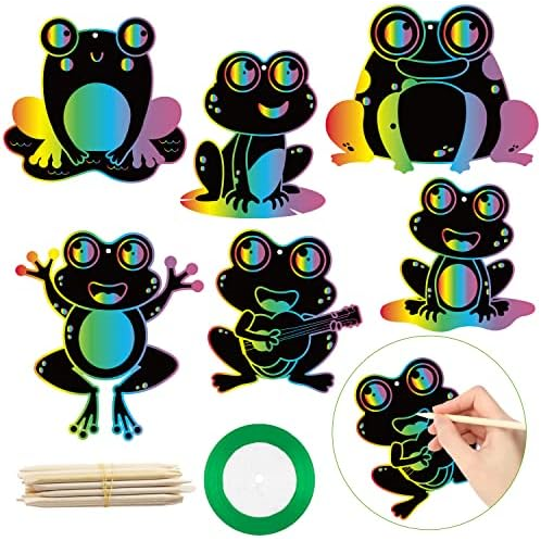 HubirdSall 60Pcs Funky Frogs Scratch Art for Kids Spring Summer Frog Magic Color Craft Passover Hanging Ornaments Kit for School Classroom DIY Craft Activity Art Project Party Favor Gift Tag