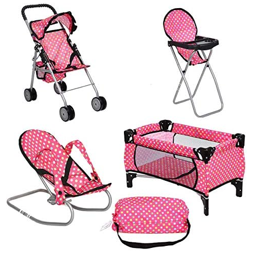 fash n kolor 4 Piece Doll Play Set, Includes - 1 Pack N Play. 2 Doll Stroller 3.Doll High Chair. 4.Infant Seat, Fits Up to 18 Doll (4 Piece Set)