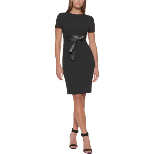 Womens Calvin Klein Scuba Crepe Short Sheath Dress with Faux Leather Belt