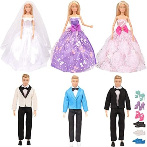 SOTOGO 18 Pieces Doll Clothes and Accessories for 11.5 Inch Girl Boy Doll Happy Wedding Playset Include 6 Sets Handmade Doll Groom Suit, Wedding Dress and 6 Pairs Shoes