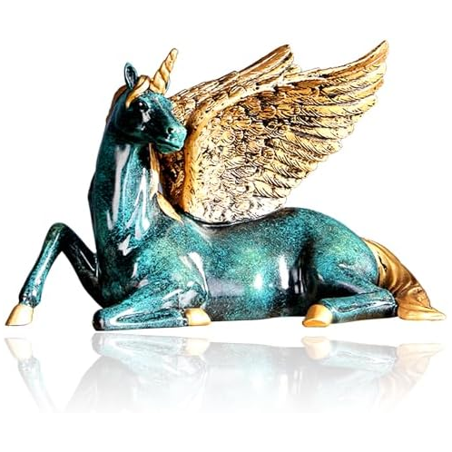 SecondWinterDJ Pegasus Horse Statue Unicorn Table Sculpture, Wing Divine Figures Greek Flying Animal Figurines Home Decor, Desktop Art Figure Decorations for Living Room Party (Green-Sitting)