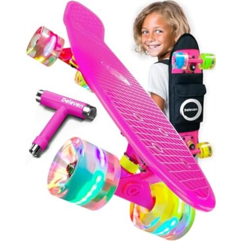 D Deleven Deleven 22” Skateboard for Kids with Bright LED Wheels - Complete Gift Set with Carry Bag & Skate Tool - Mini Cruiser Retro Light Up Skateboard Made for Beginners, Girls & Boys