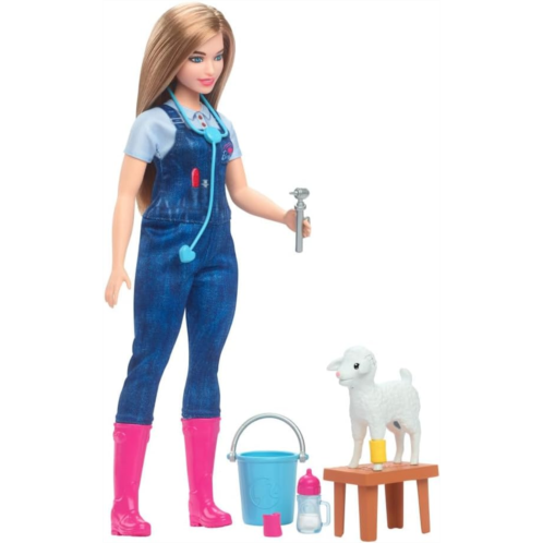 Barbie 65th Anniversary Doll & 10 Accessories, Farm Veterinarian Set with Blonde Vet Doll, Lamb with Moving Ears & More