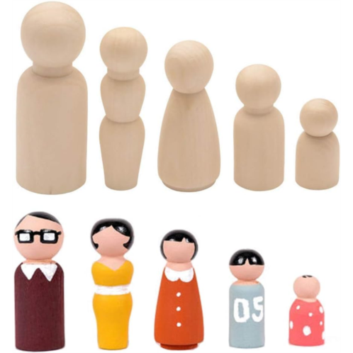 Remanbo Wooden Peg Dolls Unpainted Wooden Peg Doll Bodies, 5pcs Assorted Wooden People Shapes for Arts, Crafts, DIY Painting and Decoration