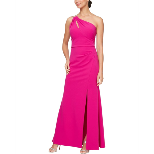 Womens Alex Evenings Long Crepe One Shoulder Dress with Embellished Strap Detail