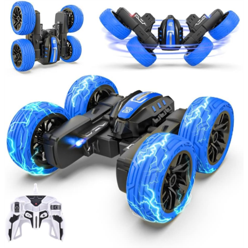 BEZGAR Remote Control Car - Double Sided Mini RC Stunt Car, 360 Flips Rotating RC Cars with LED Lights, 2.4Ghz Indoor/Outdoor All Terrain Rechargeable Electric Toy Cars