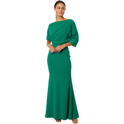 Betsy & Adam Long Scuba Crepe Over-the-Shoulder Gown