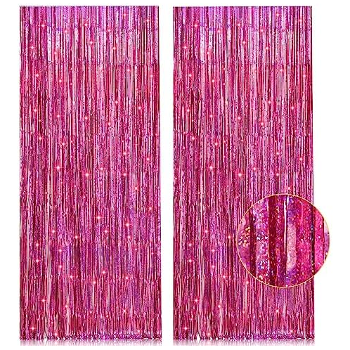 PIGETALE 2 Pack 3.2ft x 8.2ft Pink Metallic Tinsel Foil Fringe Curtains Backdrop for Pink Party Birthday Wedding Bachelorette Baby Shower Holiday Party Decorations Photo Booth Props