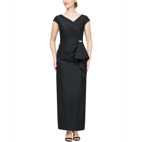 Womens Alex Evenings Long Stretch Scuba Dress with Front Cascade Detail and Surplice Neckline with Cap Sleeves