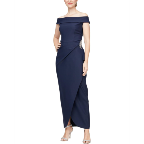 Alex Evenings Long Compression Off-the-Shoulder Dress with Hip Embellishment