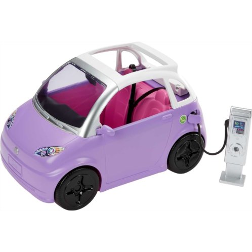Barbie Toy Car Electric Vehicle with Charging Station, Plug and Sunroof, Purple 2-Seater Transforms into Convertible
