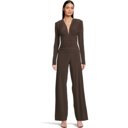 Norma Kamali V Neck Long Sleeve Shirred Waist Jumpsuit W/ Shoulder Pads