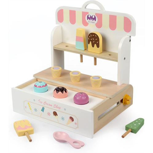 MIKNEKE Wooden Ice Cream Toy Play Set, Ice Cream Cart Shop Stand Toys for Toddlers, Montessori Play Kitchen Accessories Wooden Food Set for Kids, Pretend Play for Toddlers
