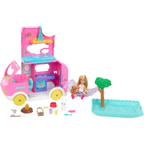 Mattel Barbie Camper, Chelsea 2-in-1 Playset with Small Doll, 2 Pets & 15 Accessories, Vehicle Transforms into Camp Site (Amazon Exclusive)