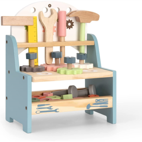 ROBOTIME Tool Bench Set for Toddlers - Mini Wooden Work Bench for Kids, Construction Toys w/Wooden Tools, Educational Pretend Play Gift Building Toy Tools Set for 18 Months 2 3 4 5