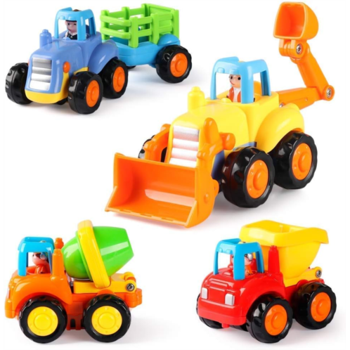 Coogam 4 Pack Friction Powered Cars Construction Vehicles Toy Set Cartoon Push and Go Car Tractor, Bulldozer, Cement Mixer Truck, Dumper for Year Old Boy Girl Kid Gift