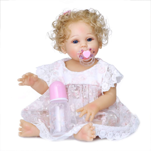 iCradle Angelbaby Cute Realistic 19 inch Reborn Baby Dolls Girls Silicone Full Body Blonde Hair Blue Eyes Bebe Real Life Reborn Dolls with Clothes for Ages 3+