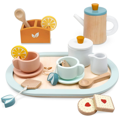 PairPear Wooden Tea Set for Little Girls, Wooden Toys Toddler Tea Set Play Kitchen Accessories for Kids Tea Party with Play Food.