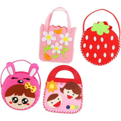 ULDIGI 4 Sets DIY Bag Sewing Kits for Kids Handbag Craft Kit Kids Sewing Kits Kids Purses Sew Your Purse Material Wallet for Girls Crafts for Child Cartoon Pink Supplies Non-Woven