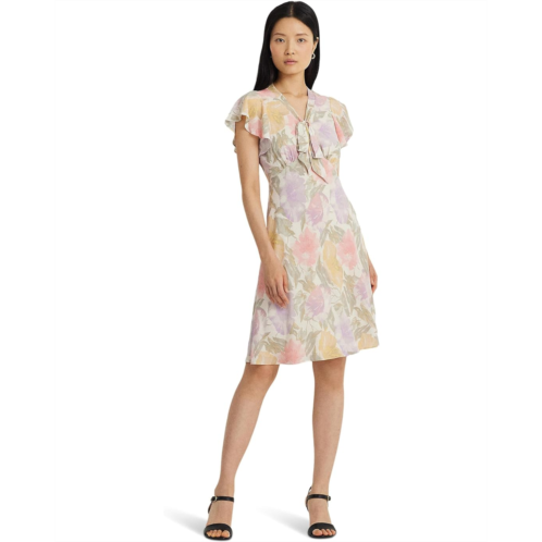 POLO RALPH LAUREN Womens Lauren Ralph Lauren Floral Bubble Crepe Tie-Neck Dress