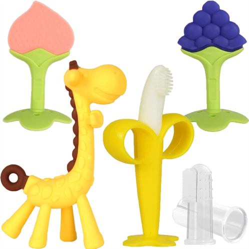 HAILI XMGQ Baby Teething Toys, Silicone Baby Teether Freezer BPA Free, Soothe Babies Teething Relief Sore Gums, Banana Finger Toothbrush, Fruit Shape Giraffe Teether Set for Infant