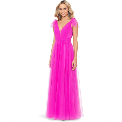 Betsy & Adam Long Mesh V-Neck Ballgown