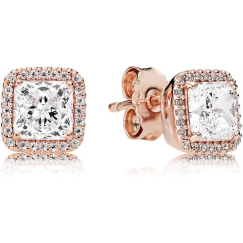 PANDORA Square Sparkle Halo Stud Earrings - Gold Earrings for Women - Great Gift for Her - 14k Rose Gold with Sparkling Cubic Zirconia