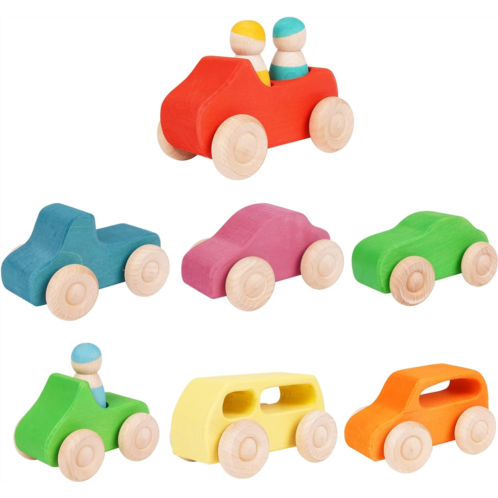 Agirlgle Montessori Wooden Car Toys - 7 Rainbow Wooden Vehicle Set Toy for Toddlers and Babies 3 Wooden Peg Doll, Colorful Pretend Play Wooden Push Cars Development Toys and Infant