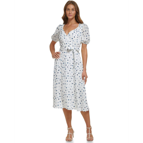 Womens DKNY Short Sleeve Balloon Sleeve Faux Wrap Dress