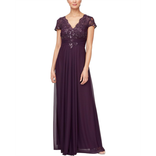 Womens Alex Evenings Long Embroidered A-Line Dress