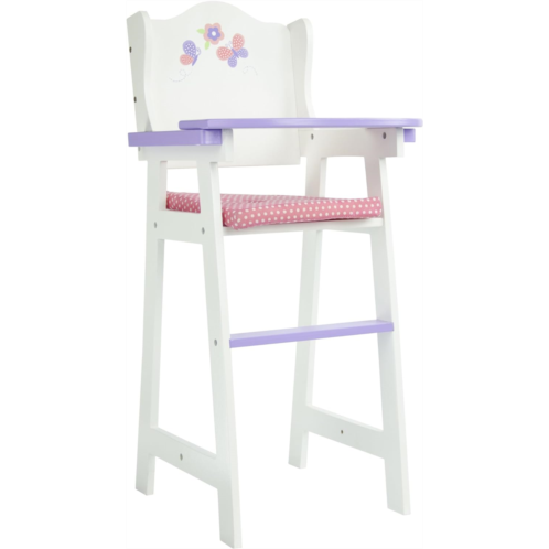 Olivias Little World Little Princess Wooden Baby Doll High Chair with Fixed Tray and Pink Polka Dot Cushion, White and Purple