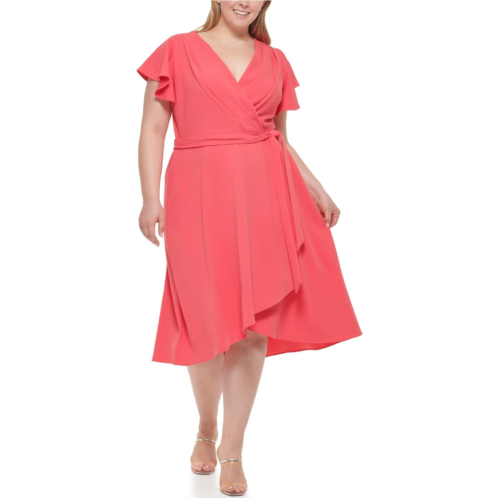 Womens DKNY Plus Size Short Sleeve Ruffled Faux Wrap Dress