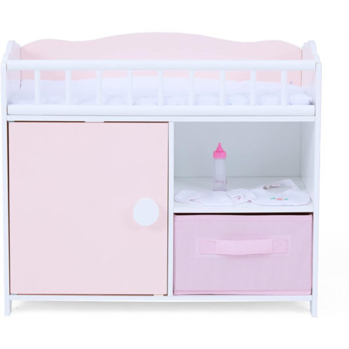 Olivias Little World Polka Dot Princess Wooden Baby Doll Crib with Under-The-Crib Storage Featuring a Cabinet with Door and Two Cubbies, Pink and White