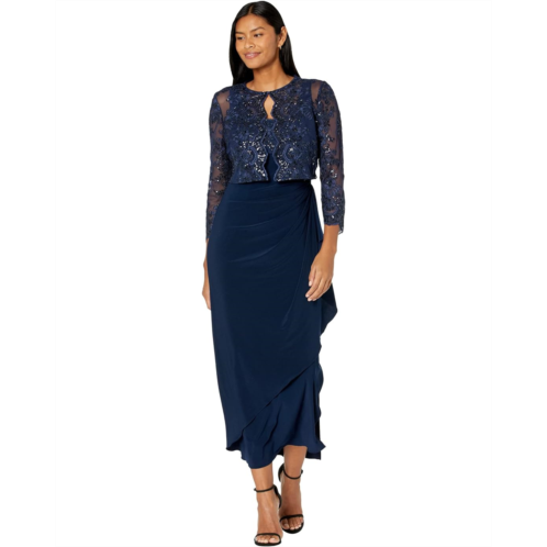 Womens Alex Evenings Long Empire Waist Embroidered Jacket Dress with Jacket and Cascade Detail Skirt
