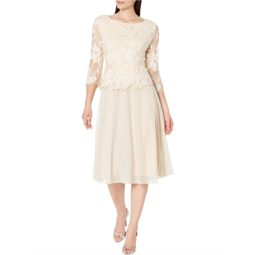 Alex Evenings Tea Length Embroidered Dress with Illusion Sleeve and Scallop Detail Full Skirt