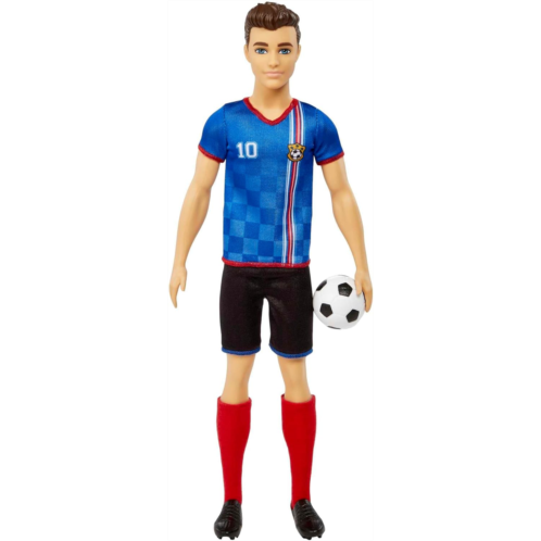 Barbie Soccer Ken Doll with Cropped Hair, Colorful #10 Uniform, Soccer Ball, Cleats & Tall Socks, Soccer Ball