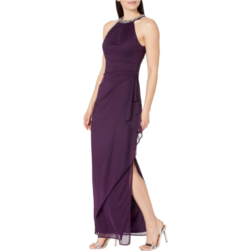 Alex Evenings Beaded Halter Long Gown with Side Ruching