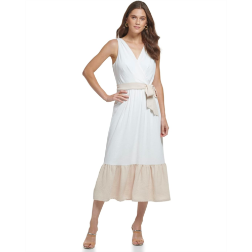 Womens DKNY V-Neck Ruffle Hem Midi Dress