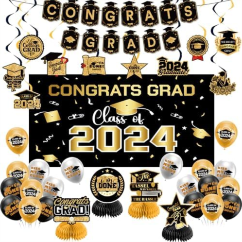 Zerunyiw Graduation Decorations Class of 2024,Gold Themed Graduation Decorations Set,Class of 2024 Backdrop Banner,Graduation Hanging Swirl ,Balloons and Honeycomb Supplies for Graduation P