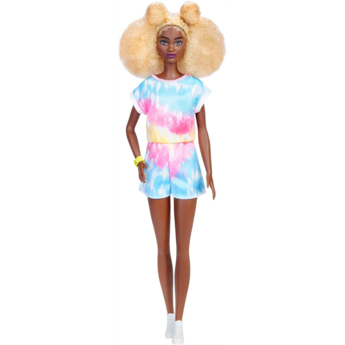 Barbie Fashionistas Doll, Tall, Blonde Afro with Side Puffs, Tie-dye Romper, Sneakers, Yellow Bracelet, Toy for Kids 3 to 8 Years Old