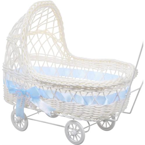 NUOBESTY Miniature Baby Doll Stroller Wicker Woven Stroller Wedding Woven Flower Basket Decoration Wedding Candy Gift Baskets Shopping Cart Pretend Play, Sky-Blue