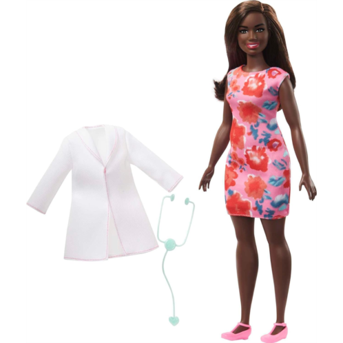 Barbie Careers Fashion Doll & Accessory, Doctor with Curvy Body Type & Brunette Hair Wearing Doctor Coat & Flats with Stethoscope